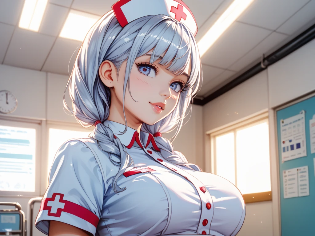((( 4k image)))1 woman, full body, in public square, hot nurse, silver hair, wearing white apron with pink details, open apron, squatting with legs open without panties showing her pussy (ultra realistic), without a bra showing her breasts, showing her pussy, little pubic hair, pink pubic hair, slightly pink white skin, beautiful lips, perfect mouth, pink eyes, wearing red sandals, perfect little feet, pink painted nails, holding a clipboard in one hand (long pink nails), holding a syringe in the other hand, orgasm face, clear liquid running down her pussy.