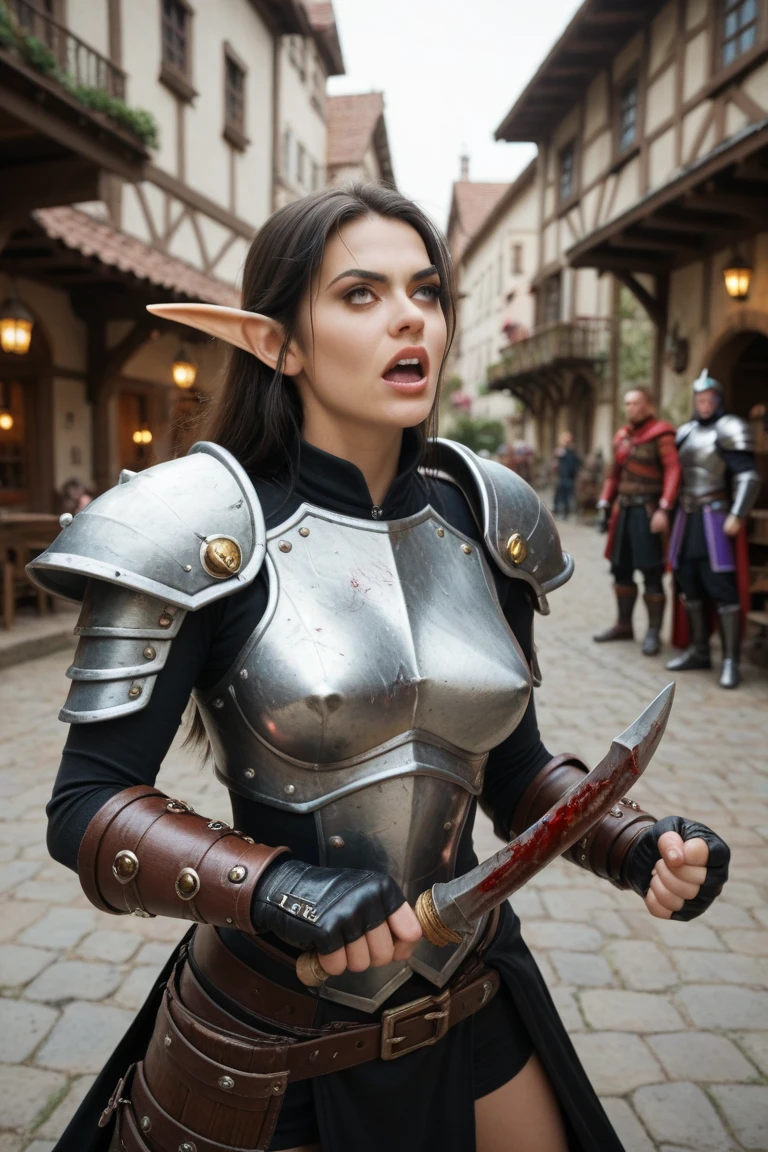 award winning cimematography, masterpiece,//
1 girl, A dark elf warrior with an athletic build, clad in tattered leather armor looks angrily at her opponent
//
noon, sunny, high saturation, hogh contrast, intricate detail