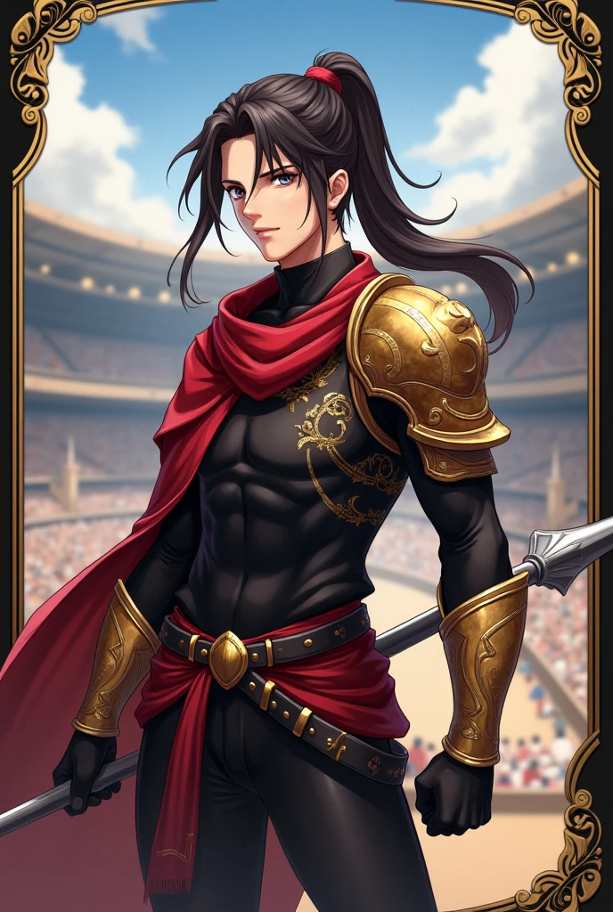 Anime Style Images, Full body image head to toe, , young man, ผมสีดำ, , long hair to the middle of the back, The hair is neatly arranged to the face, Hair tied in a ponytail, Red hair tie, headband fabric Red with gold pattern, black eyes, ใบหน้า castingเหลาราวกับเทพบุตร,  casting, cool, looks discreet as an adult, face, indifferent, emotionless,, , strong body shape, , muscles tight but slender,, Muscles in bundles, Wearing a black tight-fitting sleeved shirt decorated with gold pattern, black tights adorned with gold patterns, Wear a black waistcoat decorated with gold patterns, ankle-length waistband, with a black strap and belt fastened to the dress,, Black Gloves, . The left arm is wearing gold steel armor, covering it from the shoulder head to the forearm, , wear a red shawl decorated with gold patterns under the shoulder armor., ชุดดู castingcoolมาก, gold steel armoured boots, The background is a huge arena with many people staring inside the arena., arena. Very large, Lightning Spear, Top details, Anatomically qualified ,  maximum contrast, The right hand holds a silver double-edged long spear, put the spear handle on the back, Spear looks good, หอกสุดcool, Black card border at picture edge, Game card style, Collectible card style, shiny gold border on black card border