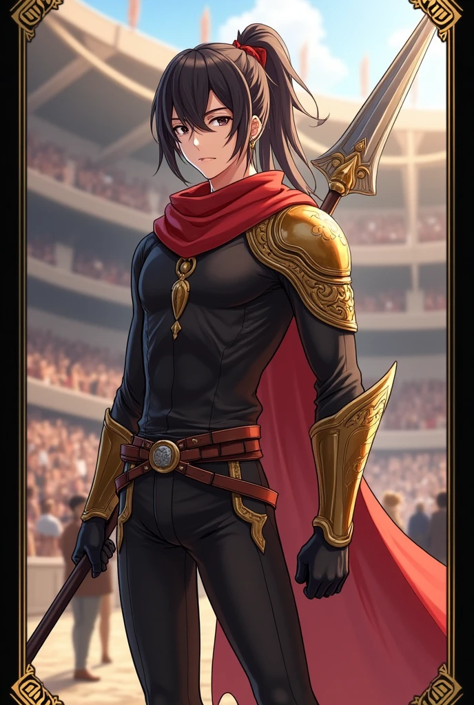 Anime Style Images, Full body image head to toe, , young man, ผมสีดำ, , long hair to the middle of the back, The hair is neatly arranged to the face, Hair tied in a ponytail, Red hair tie, headband fabric Red with gold pattern, black eyes, ใบหน้า castingเหลาราวกับเทพบุตร,  casting, cool, looks discreet as an adult, face, indifferent, emotionless,, , strong body shape, , muscles tight but slender,, Muscles in bundles, Wearing a black tight-fitting sleeved shirt decorated with gold pattern, black tights adorned with gold patterns, Wear a black waistcoat decorated with gold patterns, ankle-length waistband, with a black strap and belt fastened to the dress,, Black Gloves, . The left arm is wearing gold steel armor, covering it from the shoulder head to the forearm, , wear a red shawl decorated with gold patterns under the shoulder armor., ชุดดู castingcoolมาก, gold steel armoured boots, The background is a huge arena with many people staring inside the arena., arena. Very large, Lightning Spear, Top details, Anatomically qualified ,  maximum contrast, The right hand holds a silver double-edged long spear, put the spear handle on the back, Spear looks good, หอกสุดcool, Black card border at picture edge, Game card style, Collectible card style, shiny gold border on black card border