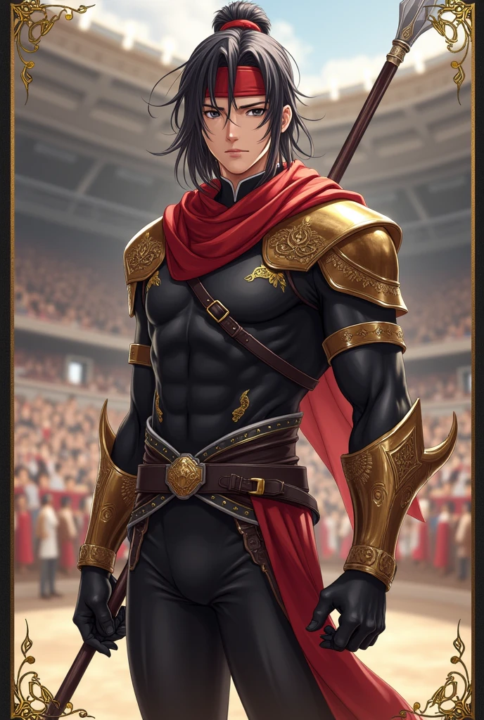 Anime Style Images, Full body image head to toe, , young man, ผมสีดำ, , long hair to the middle of the back, The hair is neatly arranged to the face, Hair tied in a ponytail, Red hair tie, headband fabric Red with gold pattern, black eyes, ใบหน้า castingเหลาราวกับเทพบุตร,  casting, cool, looks discreet as an adult, face, indifferent, emotionless,, , strong body shape, , muscles tight but slender,, Muscles in bundles, Wearing a black tight-fitting sleeved shirt decorated with gold pattern, black tights adorned with gold patterns, Wear a black waistcoat decorated with gold patterns, ankle-length waistband, with a black strap and belt fastened to the dress,, Black Gloves, . The left arm is wearing gold steel armor, covering it from the shoulder head to the forearm, , wear a red shawl decorated with gold patterns under the shoulder armor., ชุดดู castingcoolมาก, gold steel armoured boots, The background is a huge arena with many people staring inside the arena., arena. Very large, Lightning Spear, Top details, Anatomically qualified ,  maximum contrast, The right hand holds a silver double-edged long spear, put the spear handle on the back, Spear looks good, หอกสุดcool, Black card border at picture edge, Game card style, Collectible card style, shiny gold border on black card border