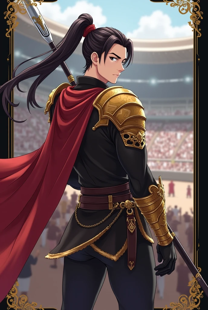Anime Style Images, Full body image head to toe, , young man, ผมสีดำ, , long hair to the middle of the back, The hair is neatly arranged to the face, Hair tied in a ponytail, Red hair tie, headband fabric Red with gold pattern, black eyes, ใบหน้า castingเหลาราวกับเทพบุตร,  casting, cool, looks discreet as an adult, face, indifferent, emotionless,, , strong body shape, , muscles tight but slender,, Muscles in bundles, Wearing a black tight-fitting sleeved shirt decorated with gold pattern, black tights adorned with gold patterns, Wear a black waistcoat decorated with gold patterns, ankle-length waistband, with a black strap and belt fastened to the dress,, Black Gloves, . The left arm is wearing gold steel armor, covering it from the shoulder head to the forearm, , wear a red shawl decorated with gold patterns under the shoulder armor., ชุดดู castingcoolมาก, gold steel armoured boots, The background is a huge arena with many people staring inside the arena., arena. Very large, Lightning Spear, Top details, Anatomically qualified ,  maximum contrast, The right hand holds a silver double-edged long spear, put the spear handle on the back, Spear looks good, หอกสุดcool, Black card border at picture edge, Game card style, Collectible card style, shiny gold border on black card border