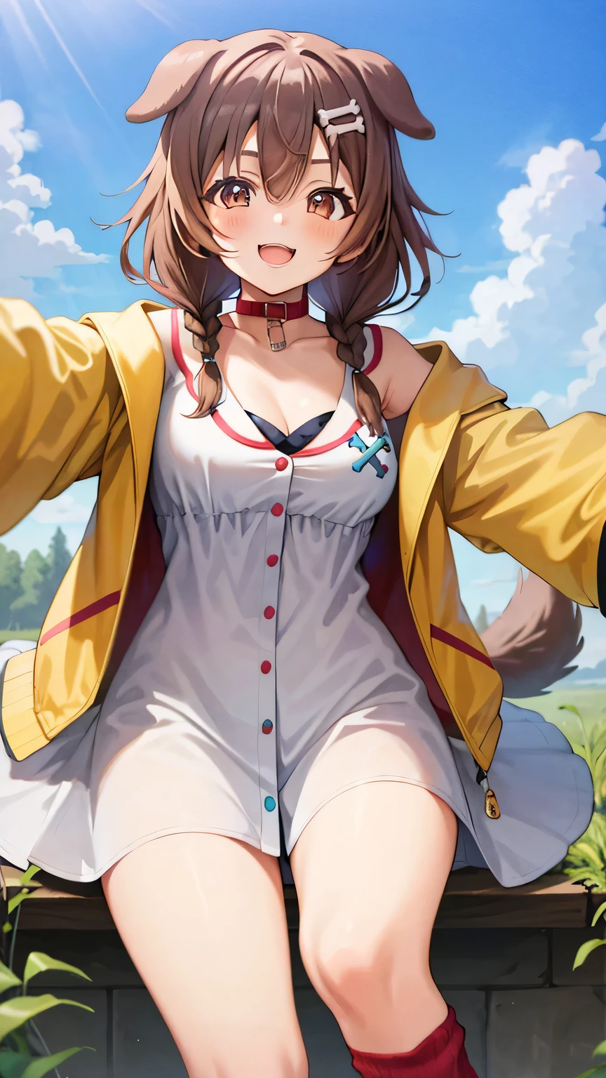 {{{masterpiece}}}, (best quality:1.5), (ultra-detailed:1.5), {illustration}, {{an extremely delicate and beautiful}}, (beautiful detailed eyes:1.6), absurdres, highres, extremely detailed face, 16k, hd, visual anime de uma jovem mulher, extremamente bonito rosto de anime, anime melhor garota, (perfect hands, perfect anatomy), anime face, BREAK, Inugami Korone(Hololive), 1gril, solo, cute face, koronedefault, brown hair, low twin braids, bone hair ornament, cartoon bone, bangs, (brown eyes:1.4), dog tail, medium breasts, big hips, curvaceous, BREAK, (yellow jacket:1.3), open jacket, jacket slip, (white dress:1.2), off shoulder, animal collar, cleavage, wristband, yellow loincloth, (red loose socks:1.5), white sneakers, BREAK, A beautiful young woman smiles with her arms outstretched in a medieval European city, outstretched arms, open mouth, day, under the sunlight ,from below, sky