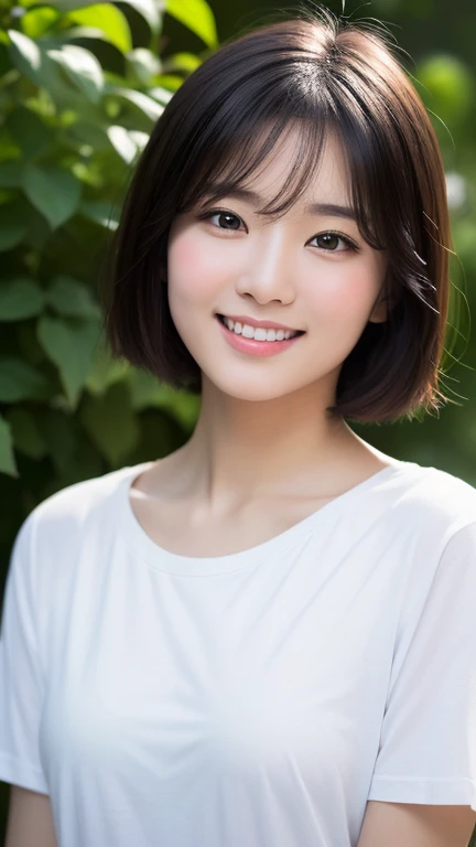 Portrait、8k、high quality、realistic photo images、24-years-old、japanese woman、neat wife、、housewife、Reproduces natural and realistic eyes、japanese stand、beautiful black hair、short hair、light makeup、octane rendering、beautiful lighting、composition of golden ratio、laughter、everyday wear、casual clothes、natural background、blurred background、High level image quality、Pure Japanese humanity、beautiful wife、Upper body、light makeup、No makeup、pure beauty、plain clothes、grey、beige、green、Plain color、casual clothes、slight smile、small black eyes、background bokeh