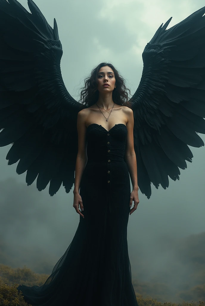 Ultra-realistic angelic figure: A dark angel with wings spread a gloomy, dark smoke setting