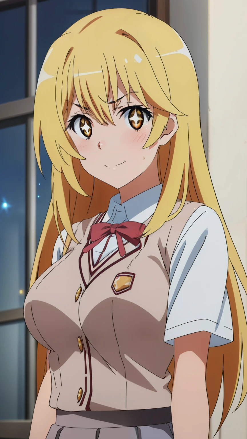 (highest quality, High resolution, 8k, masterpiece: 1.2), Very detailed, (Anime), Misaki Shokuhou, orange eyes, (pupils sparkling:1.2), Beautiful character design, Perfect eyes, Perfect face, Expressive eyes, Perfect balance, smile, blonde, Long Hair, large medium breast, nffsw, (tokiwadai school uniform, short sleeve, black mini skirt), (embarrassed expression, blushing), (half smile:0.8), (A Certain Scientific Railgun character Shokuhou Misaki), (upper body:1.2), looking at the viewer,
