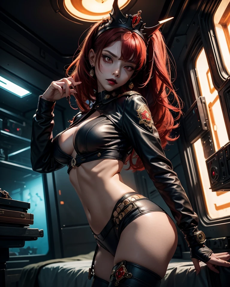 Natural redhead woman landing on the ground, Full Body Pose,, resent, half-opened mouth,Holding a sword in both hands、Niō Standing,Swinging a sword,Stylish updated hairstyles, hair in bun, Straight hair, Pretty Face, face perfect, Thunderstorm in the background, Destroyed otherworldly palace, Flame and thunder, Facial features are、Aya Yamamoto and Marina Matsui、It is a mix of Asuka Saito and Mao Akiyama, petite body, The photo looks like it was taken with a Sony A7 III, Professional Photographer, dark ambiance, Edge lighting, Cinematic, candles, witchcraft, Full body portrait, Hyper realistic, Beautiful face, 8K, Full body portrait, Elegant, Natural lighting, Sharp Focus, Very detailed face, bright and smooth bright skin, Beautiful face, Smiling, Happy, nffsw, Beautiful soft skin, 50 millimeters, low illuminance, dark and mysterious atmosphere, Vivid skin, Photorealism,Exposed underwear,Chest exposed,Shiny black leather outfit,You can see the shape of the,Skinny Legs,
