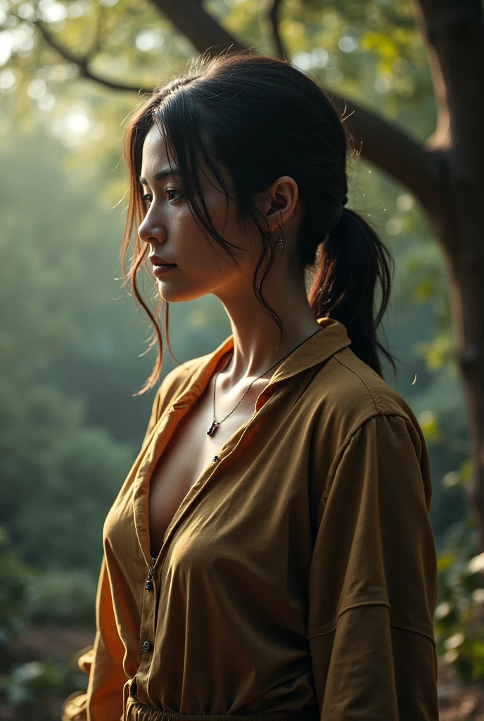 (best quality,4k,8k,highres,masterpiece:1.2),ultra-detailed,(realistic,photorealistic,photo-realistic:1.4), ((facing forward:1.3, center in frame)), profesional photograph by dunitskiy david, natural light, close-up portraits, a beautiful mature japanese girl, ((wearing oversize red t-shirt:1.5, bottomless), (hold up her breast by her hand:1.3)), hopless looks, soft glow, elegant beauty, detailed eyes, atractive pose, delicate skin texture, flowing messy hair, long red hair, round face feature, seductive expression, fatty posture, plump body, (((naturally droopy breast))), (expose abdom:1.3), wet and dirty body, (soaking in the dirty swamp:1.3) in sunset, subtle shadows, dirty background, shallow depth of field, high contrast, dark and foggy atmosphere, fine art photography, low angle, close up, photon mapping,