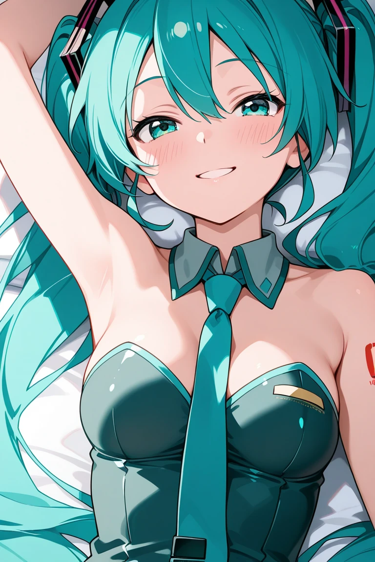 hatsune_miku commentary_request highres 1girl aqua_hair armpits arms_up blush ??????? clothes_pull covered_??????? detached_sleeves long_hair looking_at_viewer necktie no_bra open_mouth presenting_armpit shiny_skin shirt sideboob simple_background small_??????? solo sweatdrop tattoo twintails upper_body very_long_hair white_background navel