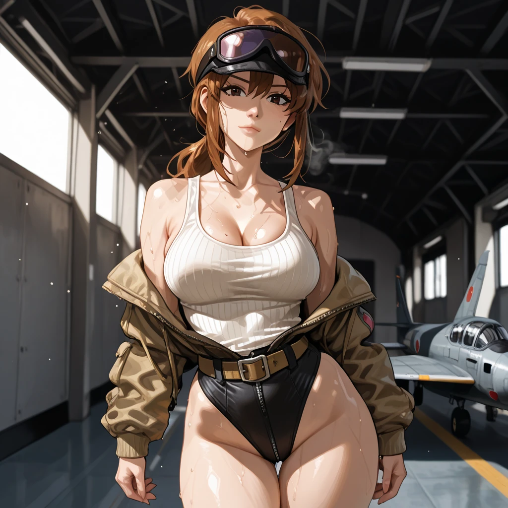 japanes、flat chest、High-leg pilot suit、The whole body can be seen from directly below、Delicate body、Brown Hair Ponytail、Beautiful open legs