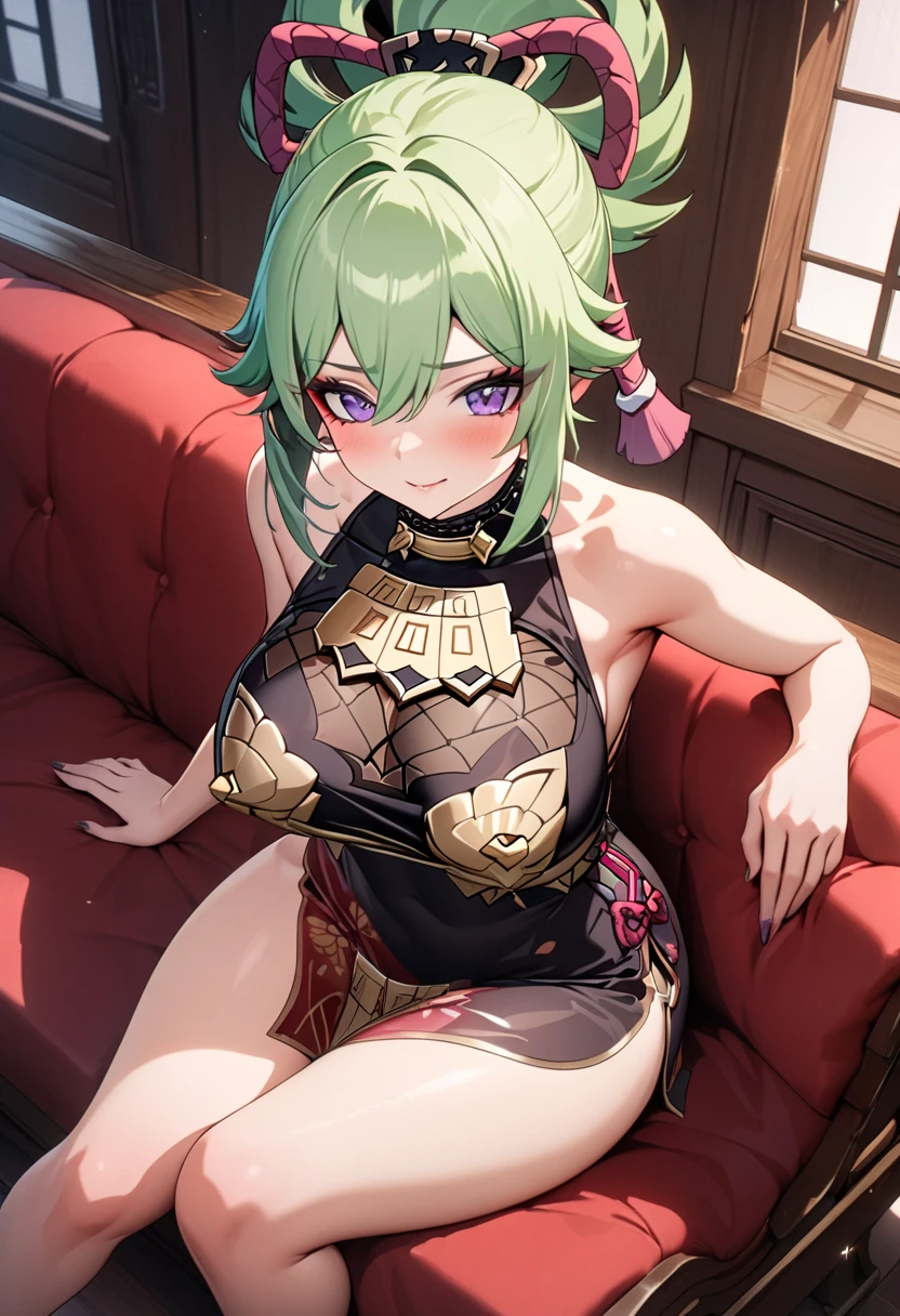 masterpiece, best quality,((ultra-detailed)), (illustration), ((an extremely delicate and beautiful)), solo, calm Expression (beautiful detailed eyes),(bright eyes) ,(detailed light),(well detailed background) (best quality), (high quality), 1girl, solo , alhaitham \(genshin impact\), looking the viewer, short hair, grey hair, green eyes, bright eyes, big breasts, hair over one eye, headphones, lingerie, indoor, bedroom, smirk, makeup, woman laying on bed ,(( legs spreading wide open)), hands on breasts, (((breasts groping))), cleavage, topless
