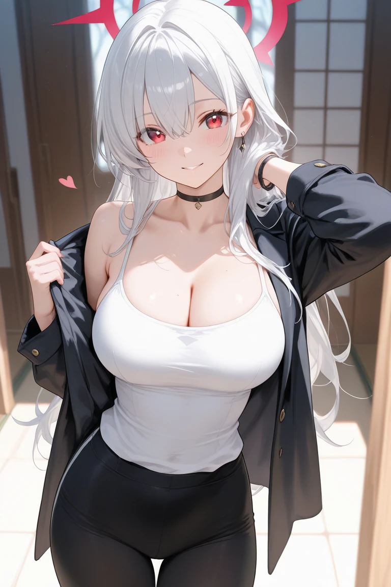 ((masterpiece)), (Highest quality), (Simple style), Silver hair, red eyes, black kimono that exposes shoulders and chest, sarashi (Sandalwood)