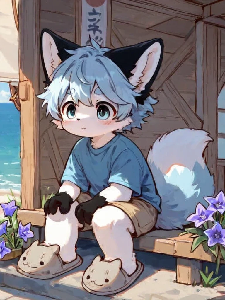 Bright environment: 0.8), masterpiece, high quality, abstract res, digital painting\(artwork), by dagasi, yupa, kiyosan, (anthro, fluffy fur, character focus: 1.1), anthro male cat, short hair, portrait, Bright eyes, panorama, character focus. (Detailed background: 0.7), Solo, Furry, Furry Male, Male Focus, Anthr, (Full body fur, A white fluffy tail, White yellow-black fur, Blue eyes, Black hair, White legs: 1.2), (Small cat, Black T-shirt, Blue shorts: 1.2), (Exterior, Morning, Beach: 1.1)