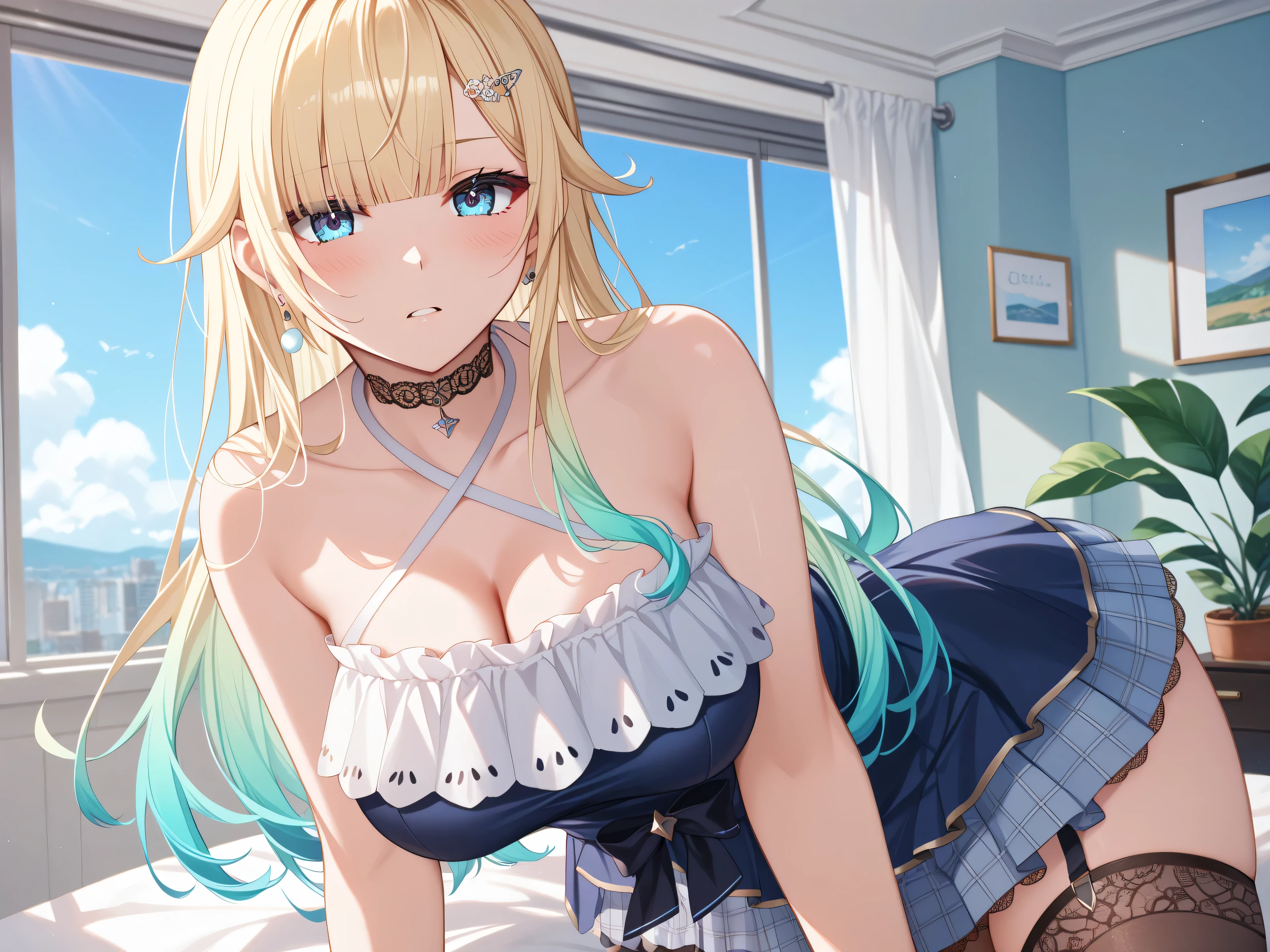 (masterpiece, best quality:1.2), 1girl, solo, blond hair, blue hairband, blue hair ribbon on the left, white-blue bra, black gloves, knight skirt, Solid color background