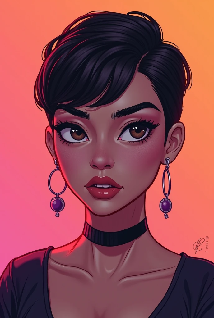 Create an anime-style profile image of Rihanna, the famous singer, songwriter, and actress. She has a heart-shaped face with high cheekbones, radiant caramel skin tone, and captivating, slightly almond-shaped eyes that are often accentuated with dramatic eyeliner and lashes. Her eyebrows are well-defined, gently arching above her eyes. Rihanna's lips are full and luscious, and her nose is elegant with a gentle curve.

For her hair, you can experiment with various styles, such as long wavy locks, a sleek bob, or a short pixie cut, and feel free to use her iconic fiery red or jet black hair color.

In this profile image, focus on showcasing her expressive eyes, radiant smile, and signature confidence and charisma. Make sure to create a stylish and trendy outfit that reflects her impeccable fashion sense, whether it's a glamorous gown or chic streetwear.

Add artistic touches to make the image stand out and emphasize Rihanna's dynamic and ever-evolving personality. Feel free to include any additional details that capture her unique essence as a multi-talented artist and cultural icon.