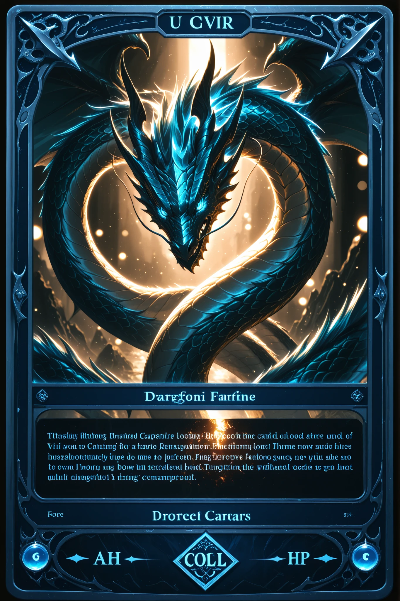 c4rd,english text,character name,trading card, handwritten illustration、Tasteful style of painting、攻撃forceと守備force, dragon, cool cards, Highest Quality, 4K, 8K, high resolution, masterpiece, EXTREMELY DETAILED , realistic, photographic, HDR, UHD, Studio Lighting, ultra-fine painting, Sharp Focus, Physically Based Rendering, Extreme detailed description, professional, vivid colors, Bokeh, Fantasy, dragon, 強forceな, Solemn, Mysterious, force