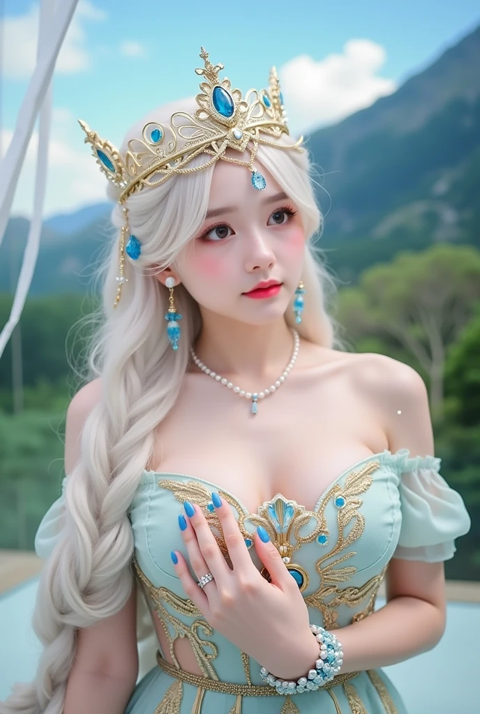 (very heavy chest)、highest quality、masterpiece、ultra high resolution、(ice dragon armor)、(((Metal製))),(((big breasts)))、(((pink micro bikini))),(she wears a beautiful crown made of precious stones.),(Photoreal:1.4)、RAW photo、1 girl、(((random hair))、(((color々take a pose)))、glowing skin、(((ice chinese dragon)))、intricate and gorgeous hair ornaments、(looks like a gorgeous necklace)、(someone who looks at you calmly, Eyes like a goddess.)happiness:1.2).((beautiful sea background))、cliff、(ruins background)、((Ultra realistic details))、portrait、global illumination、(sexy pose)、Shadow、octane rendering、16k、big breasts、Raw skin exposed in the cleavage、Metal、intricate decorative details、Japan details、very intricate details、realistic light、CG Society Trenlow Eyes、Eyes shining towards the camera、()、(((heavy big))),Shining eyes shine、armpit、24k,Ice Effect、It's snowing、