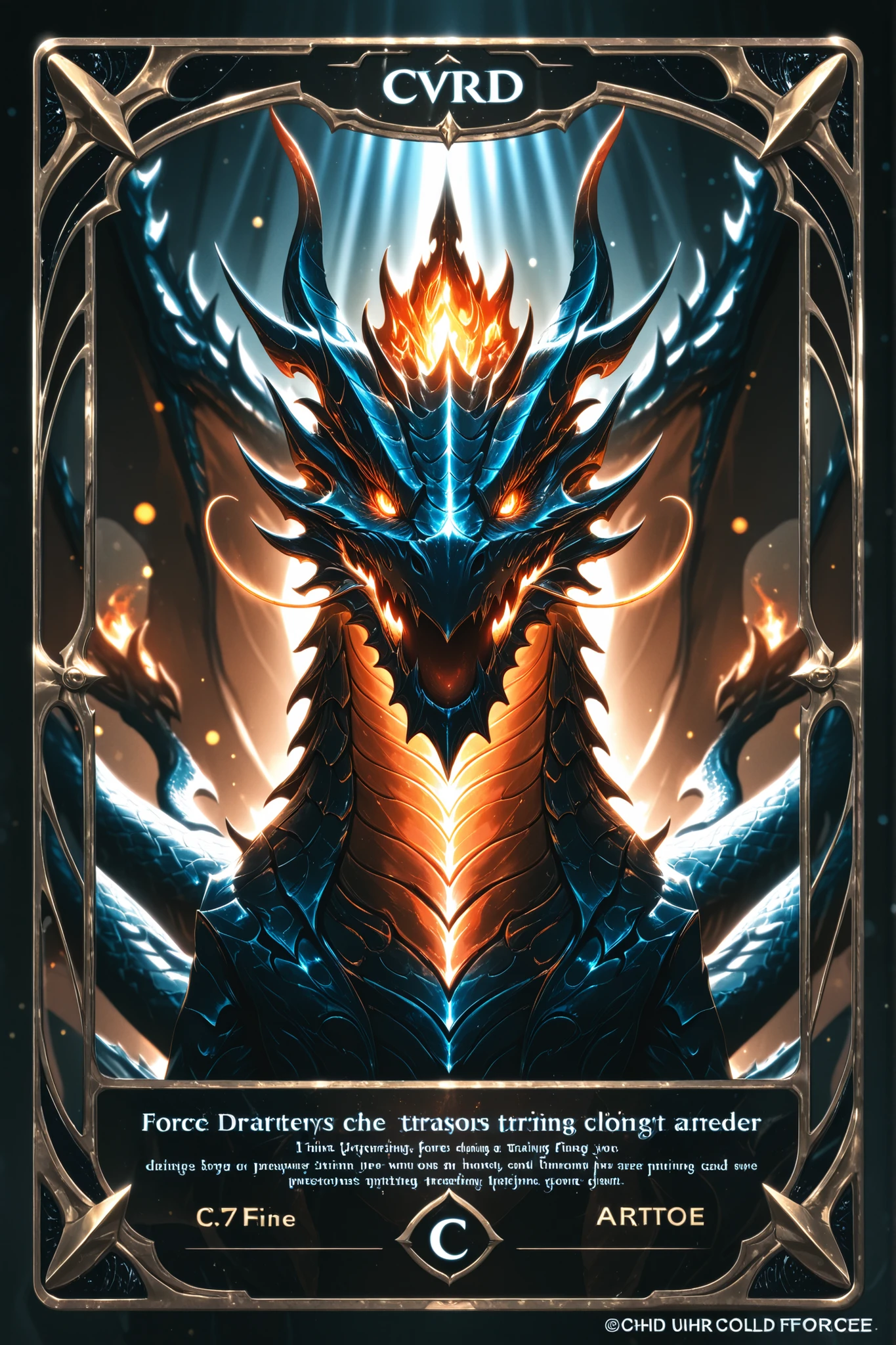 c4rd,english text,character name,trading card, handwritten illustration、Tasteful style of painting、攻撃forceと守備force, Drangon of Fire, cool cards, Highest Quality, 4K, 8K, high resolution, masterpiece, EXTREMELY DETAILED , realistic, photographic, HDR, UHD, Studio Lighting, ultra-fine painting, Sharp Focus, Physically Based Rendering, Extreme detailed description, professional, vivid colors, Bokeh, Fantasy, dragon, 強forceな, Solemn, Mysterious, force
