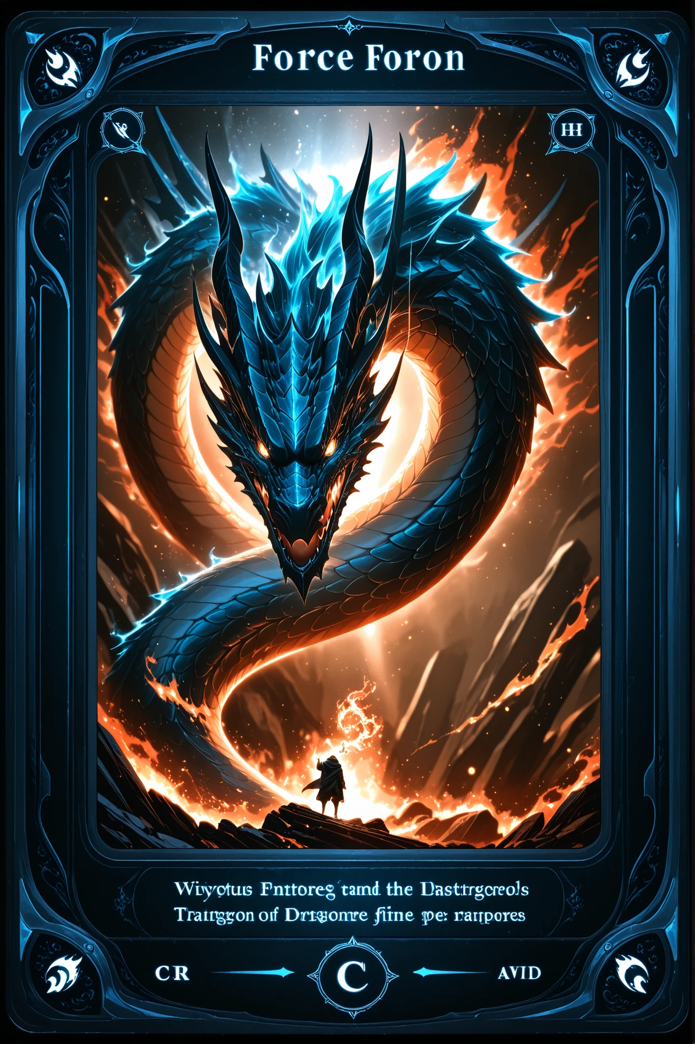 c4rd,english text,character name,trading card, handwritten illustration、Tasteful style of painting、攻撃forceと守備force, Drangon of Fire, cool cards, Highest Quality, 4K, 8K, high resolution, masterpiece, EXTREMELY DETAILED , realistic, photographic, HDR, UHD, Studio Lighting, ultra-fine painting, Sharp Focus, Physically Based Rendering, Extreme detailed description, professional, vivid colors, Bokeh, Fantasy, dragon, 強forceな, Solemn, Mysterious, force