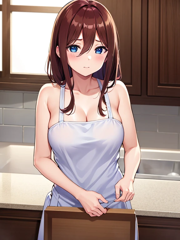 Shooting in the kitchen,Show the whole body,Miku Nakano, Miku Nakano Chick III, Long Hair, Bangs, Blue eyes, Brown hair, Hair between the eyes,Big Breasts,Cleavage,,Big Breasts,Cleavage,Naked Apron