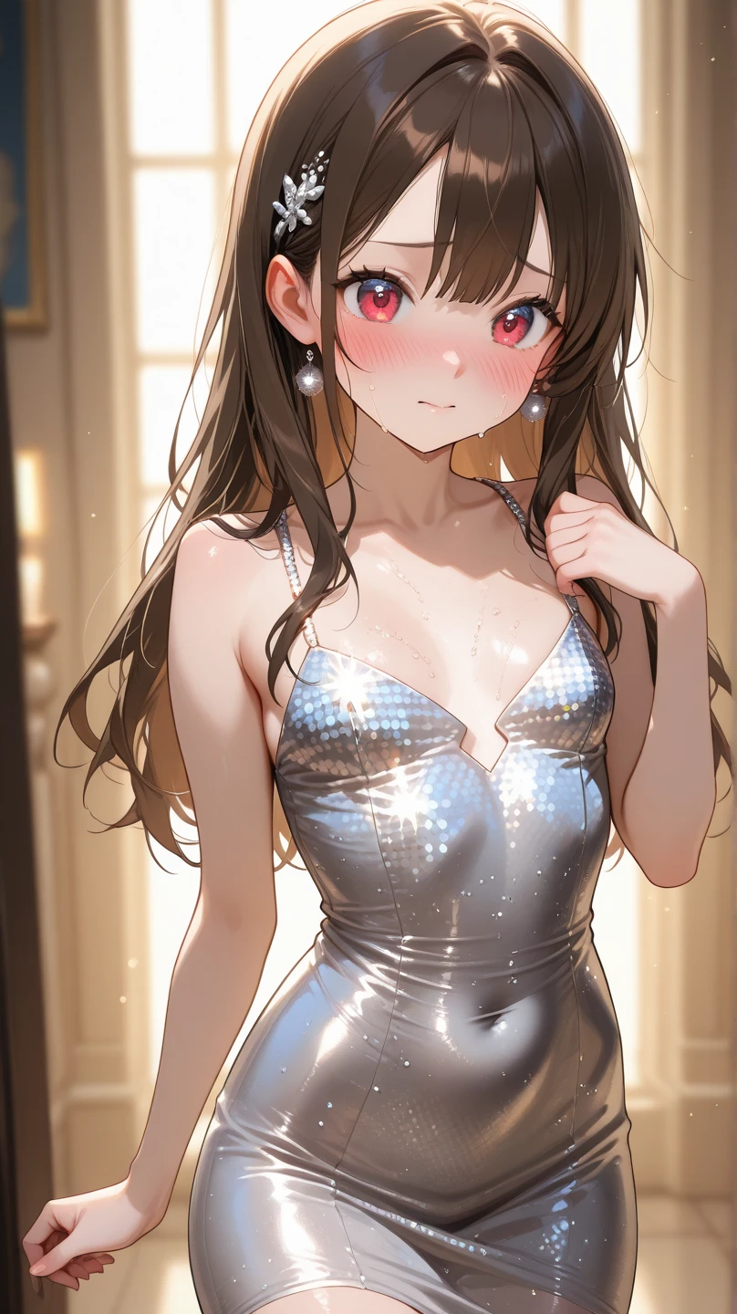 Takagi-san、Shiny brown hair, Straight Long Hair,((Medium chest、Forehead、Center part))、 Beautiful brown eyes、smile、Sparkling eyes, (fine grain)、Very fine eye、Highly detailed face, 非常にDetailed eyes, Cowboy Shot、
1 Female, , Hair between the eyes, Thin eyebrows, Detailed eyes,
Small Head, (Silver sequin dress:1.2), (smile:1.2), Pearl Necklace, Standing on the grand staircase,