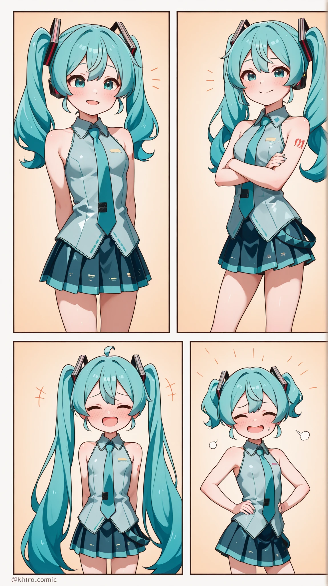 Hatsune Miku、 small 、V-shaped splits、shy face、scatro、blue skirt、Kinky comic style