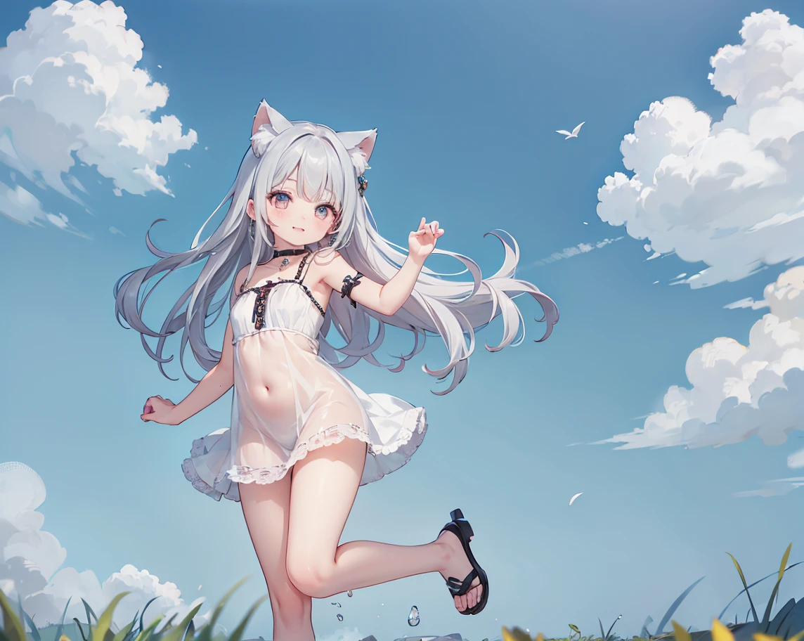 masterpiece、Soft pink long hair、fluttering in the wind、silk white off shoulder、skirt lift、Cat ear、white skin、big breasts、valley、thin waist、thin thighs、silk miniskirt dress、white sexy cosplay、whole body、angle from below、real、shiny skin、blush、smile、hands behind head