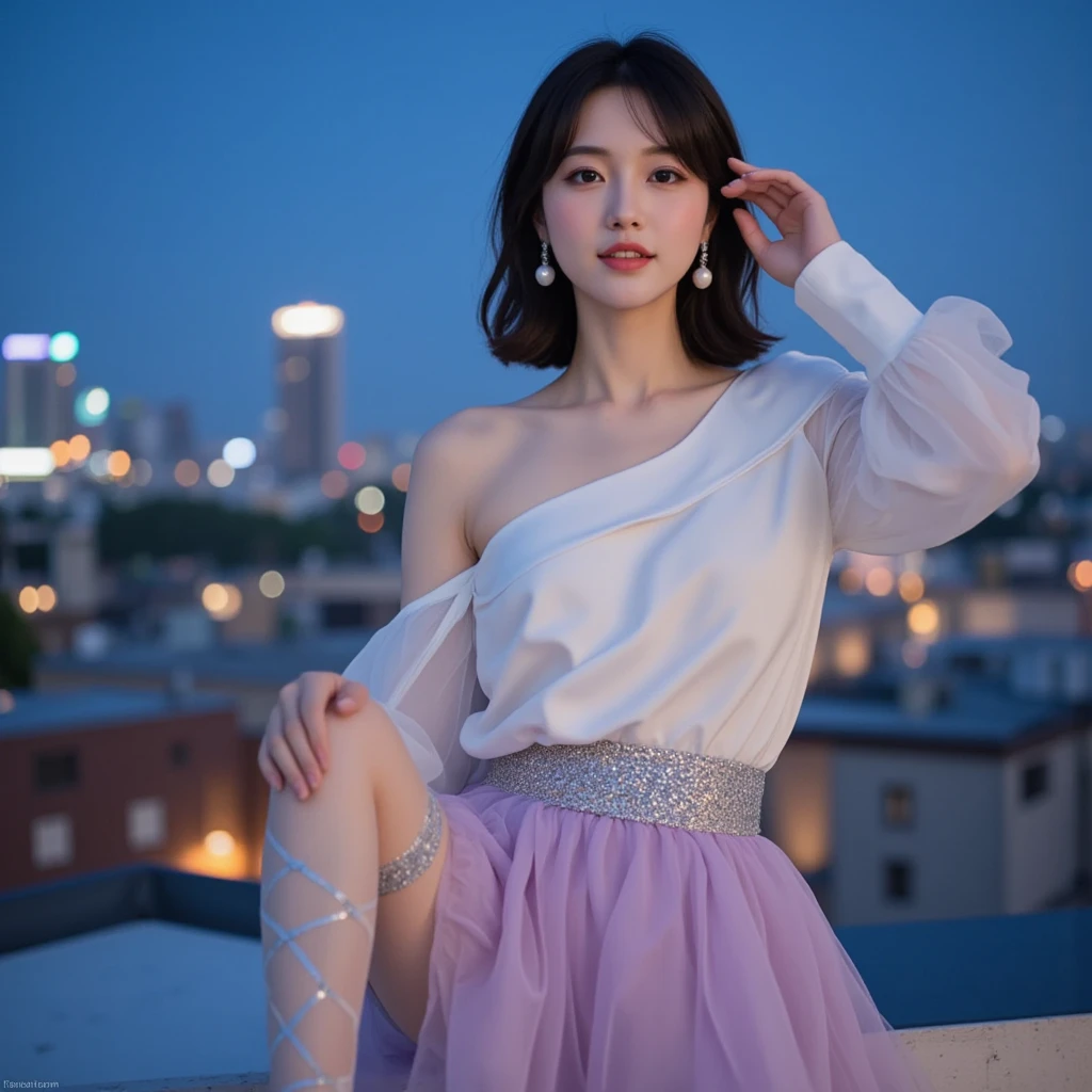 (((masterpiece:1.4, highest quality:1.4, 8K, ultra high resolution, Physically based rendering))), full body portrait, super beautiful sexy woman, perfect style body, 24-years-old, (fine big eyes), fine thin eyebrows, eye highlights, (dark brown half up hair, hair behind the ear), Highly detailed face and skin texture, clear focus:1.2, Slender beauty:1.4, ((huge beautiful breasts:1.7, exposed chest)), slim abs:1.1, tight waist:1.2, clear facial features, (no makeup), (((off shoulder:1.2, Black shirt showing nipples:1.4, underboob:1.2))), (((Metallic Holographic Purple High Waist Pencil Mini Skirt, skirt lift:1.6, long and beautiful legs))), (transparent black knee high stockings), ((No panties)), (((Detailed beautiful pussy exposed:1.4, pubic hair:1.5, cum in pussy:1.5, Cloudy liquid drips from the pussy to the thighs))), put your hands on your head, (lift her chin:1.2, open your mouth), (from below), (looking at the viewer:1.1), (smile:1.2), (spread your legs wide, facing forward), ((The best time to see cherry blossoms at night:1.4, SakuraFubuki:1.4, Scattering cherry blossoms, Standing in the middle of cherry blossoms in full bloom:1.8, shine of street lights:1.5)), ((Glowing particles dancing in the night sky:1.4, incredible sky:1.2)),