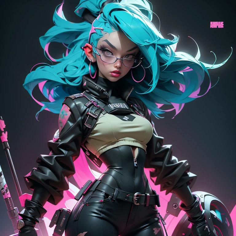 ((Best Quality)), ((Masterpiece)), ((Realistic)) and ultra-detailed photography of a 1nerdy girl with goth and neon colors. She has ((turquoise hair)), wears a tech-wear jacket and a black thong, red pattern:1.2, ((beautiful and aesthetic)), sexy, under-boobs, hot
