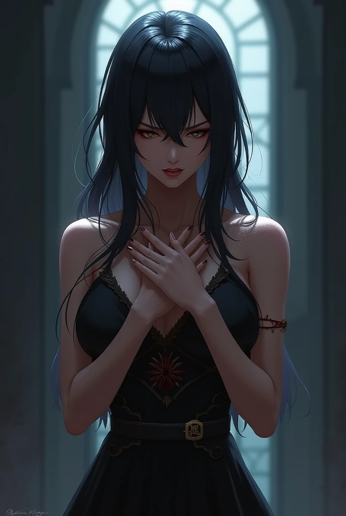 An adult woman, half wolf, black and blue hair, black ears, red eyes, wearing a black and blue dress, with an angry but gentle face, wide breasts, holding a sword