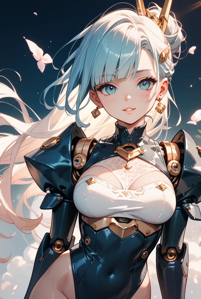 ((best quality:1.2)), ((masterpiece:1.4)), ((anime artwork:1.2)), ((beautiful artwork:1.5)), A captivating girl with heterochromia, mesmerizing multicolored eyes, adorned with mechanical parts, showcasing intricate mechanical arms and a robotic body, by {{Yoshitaka Amano}}, on eye level, scenic, [masterpiece]