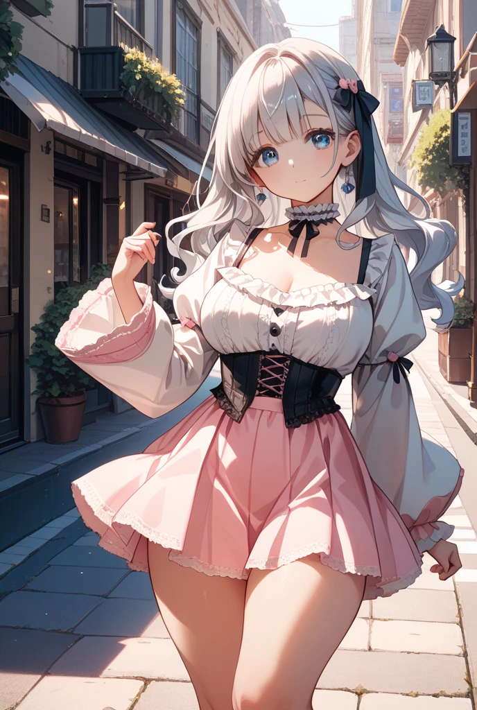 a  woman in a white gold and pink lotus lace armor skirt, chengwei pan on artstation, by Yang J, detailed fantasy art, stunning character art, fanart best artstation, epic exquisite character art, beautiful armor, extremely detailed artgerm, detailed digital anime art, artgerm on artstation pixiv, armor girl, cleavage :1.2, (mini skirt:1,5)