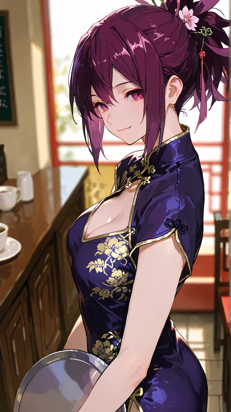 Highest quality,Masterpiece,8K,China Long Dress,Big Breasts,Best Style,Droopy eyes,Bright smile,Pink Hair,Hair Bun,Chinese restaurant,waiter,From the thigh up,Are standing