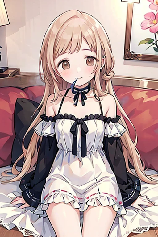 Angle from below、cute heart background,Dungeon、Alice in Wonderland,(Lori,Panties,),Anime taste, Open your legs, Legs wide open, Sit down,(bear jacket, Exposed breasts, Tits, and pale pink nipples,NSFW) (naked jacket,) detailed shirtless face cute alice with blonde hair Dress: pastel blue color: pastel blue style: Fit and flare details: Lace and ribbon trim front: Mysterious words like a big white apron "Drink me" And "Don't be kidding" Cardigan with embroidered apron: slightly off-white color: Slightly off-white design: Socks with small gothic buttons on the cuffs and hem: knee high socks type: knee high socks color: Shoes with light blue and white striped ribbons decorating the calves: Type: Types of Mary Jane shoes Colors of Mary Jane shoes: White buckle: gloves with large gold buckles: short glove type: short gloves color: White wrist: White hair accessory with delicate lace decoration: headband type: headband design: A small satin ribbon accessory with a mysterious key in the middle........ Choker with a small clock on the collar. multiple bracelets on wrist., One of them has a heart charm