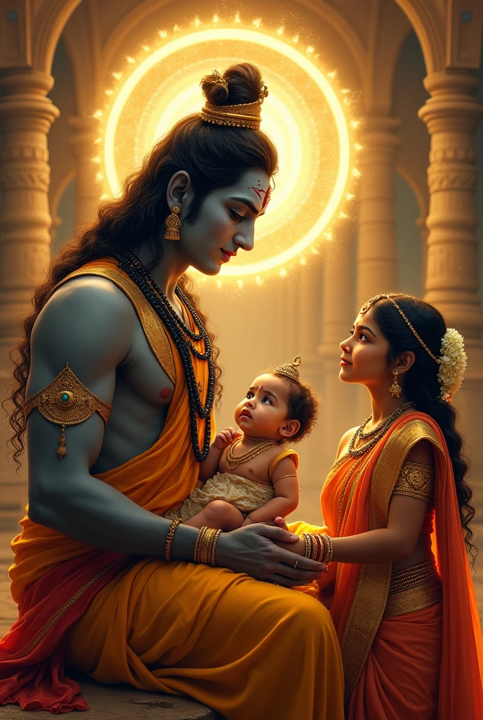Lord Vishnu is blessing with his hands the newly born krishna of Devaki and father Vasudev in prison of cell