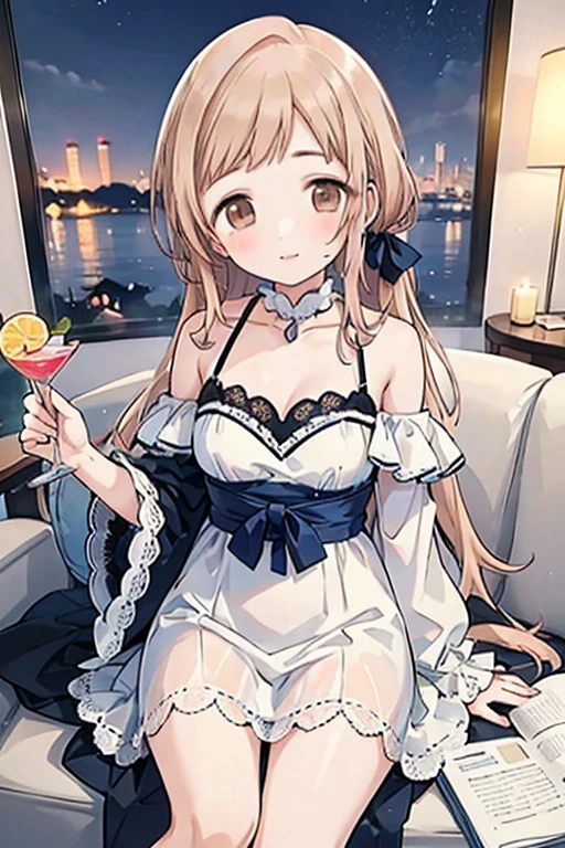 ((Biologically correct limb count))、(( whole body including face))、4K、Masterpiece、((Focus on the face))、((Symmetrical, well-proportioned facial features))、Eyes with delicate depictions、Beautiful woman、Outstanding style、Slender Body、(High heels with anklets、Shiny Stockings)、(((Lantern sink、A lot of candles)))、（No sleeve、Checkered block pleated skirt)、A bow tie、(((White frame photo)))、Look down、Glancing sideways、smile、(((River at night)))、