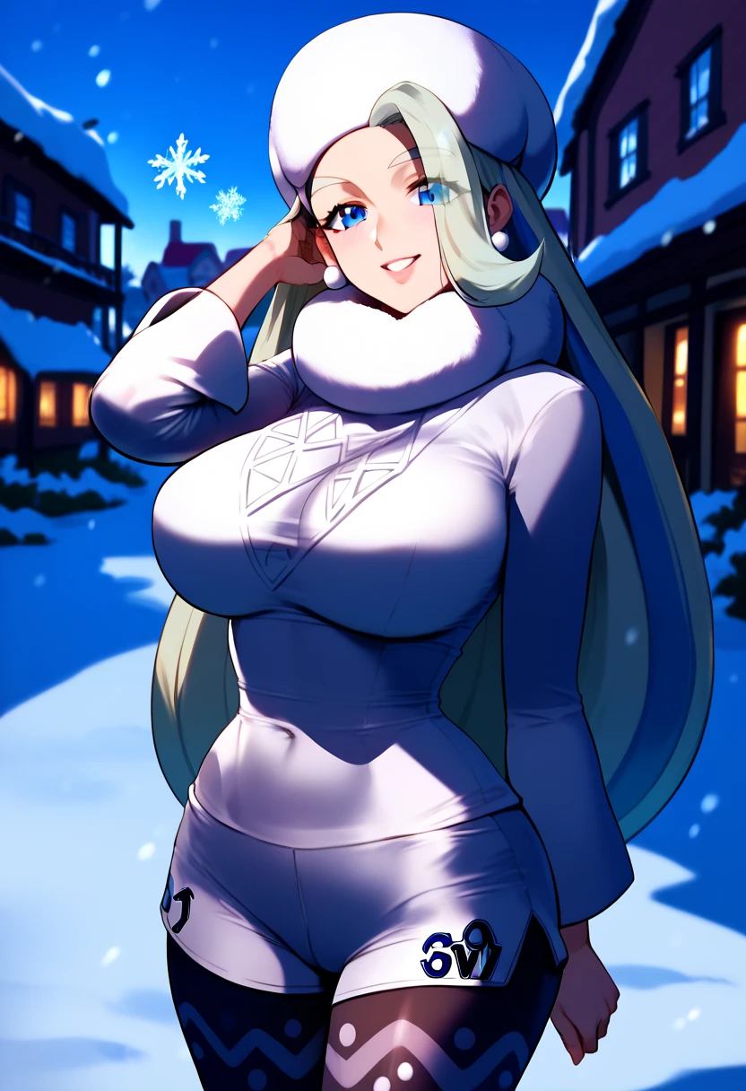 score_9, score_7_up 1girl, solo, (melony \(pokemon\)):0.8, huge breasts, thick thighs, depth of field, winter, snow, blue sky, presenting, on side, sitting