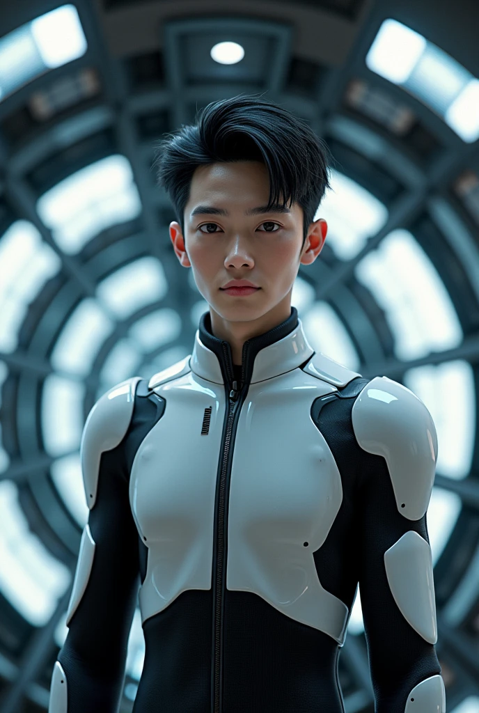 Japanese Male Model　Cool 20 year old　Short black hair　slim and muscular　intense　Bright screen　Close-up image　Very tight white rubber suit　Hero　whole body, sexy