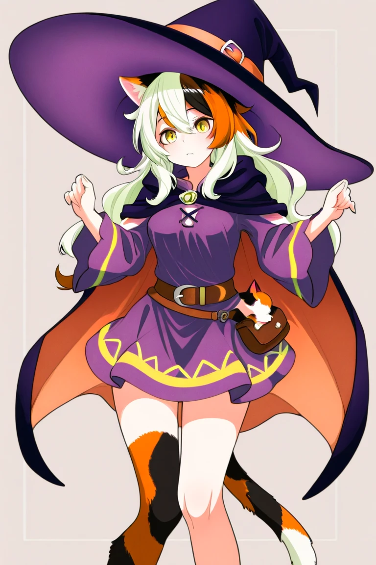 ((masterpiece)), ((best quality)), ((kemono)), ((furry)), score_9, score_8_up, score_7_up, score_6_up.
BREAK
A tall and athletic woman named Catress stands confidently, emitting a powerful and menacing aura. She has long, straight blue hair with purple hues that cascades down her back. Her face is oval-shaped with expressive features, and her large violet eyes sparkle with determination. She wears a form-fitting suit (resembling a witch's outfit) with armor pieces in dark tones with bright purple and red accents. The costume highlights her strong, athletic physique and adds to her intimidating appearance. The background is a soft blurred gradient to keep the focus on her impressive figure.