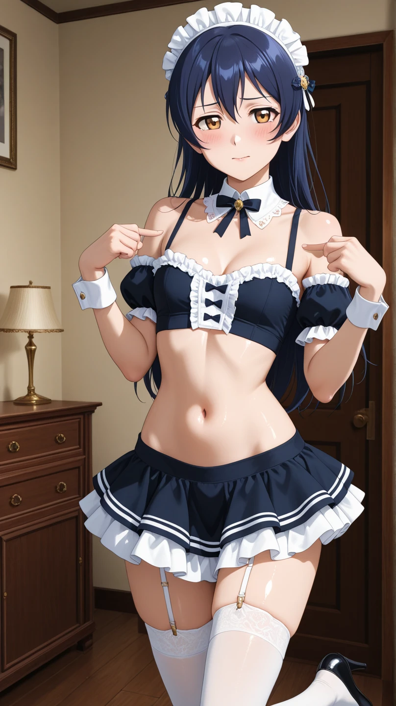 perfect anatomy, 1 beautiful girl, 24-years-old, Delivery health lady, black hair, semi long hair, twintails, cute face, Drooping eyes, brown eyes, shiny skin, cosplay, Maid outfit, miniskirt, black panties, barefoot, lift up one leg, dark natural light, living room,