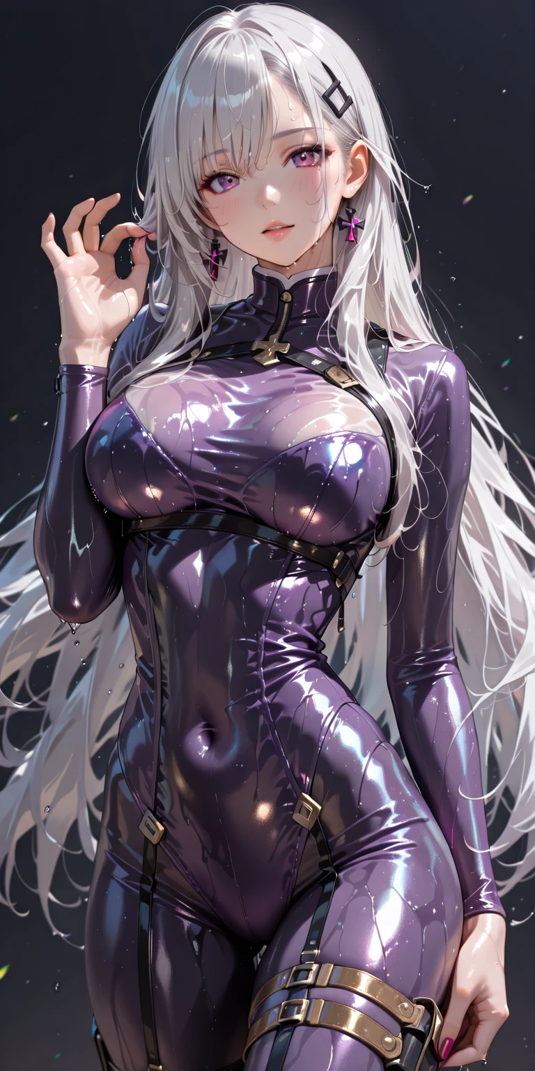 realistic, 1girl, white hair, purple eyes, glowing eyes, parted lips, blush, night, flowers, sun, sunlight,Bunny girl、Fishnet tights、Black gloves、Enamel costume、Large Breasts