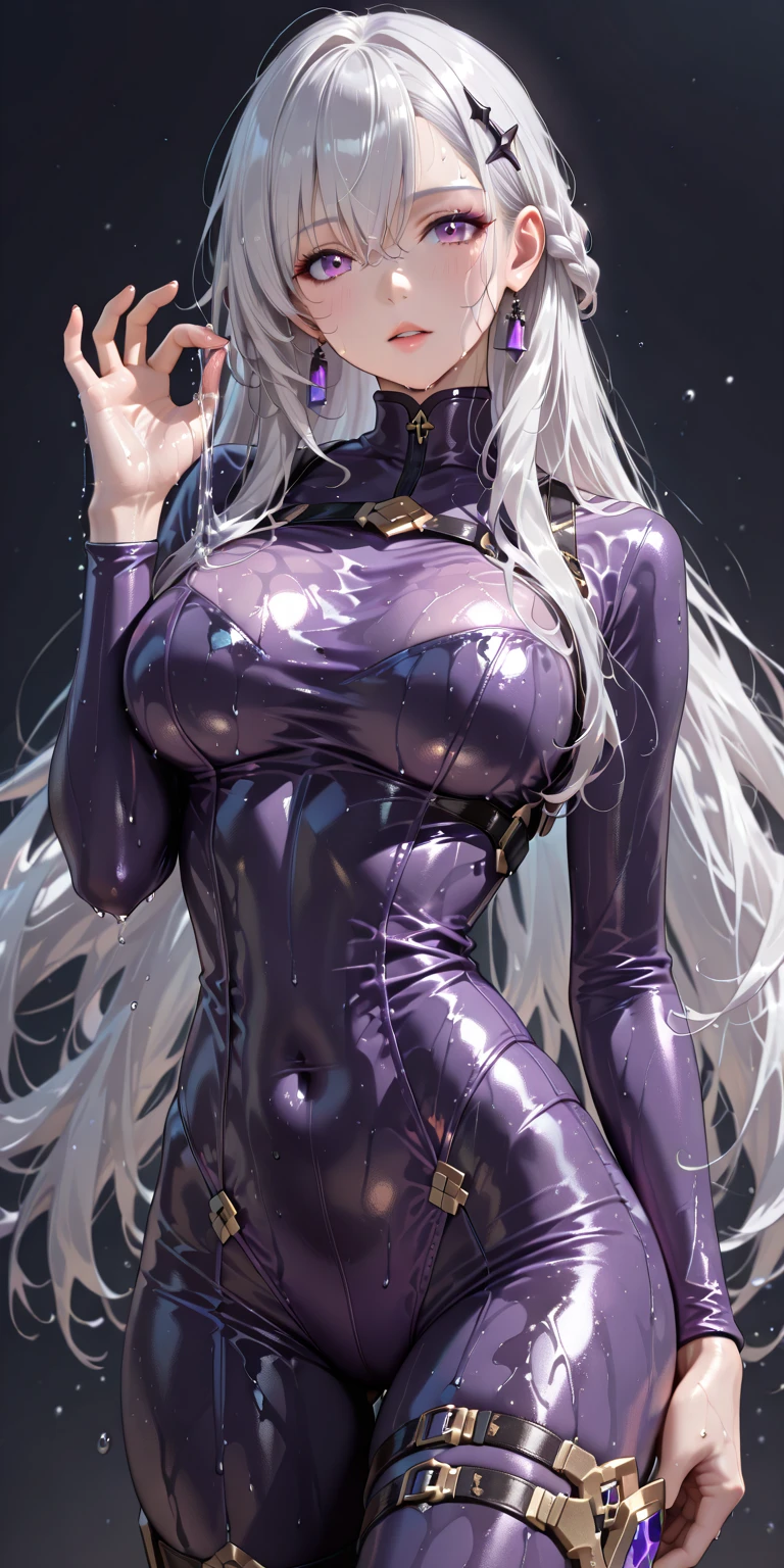 1 girl,Youthful white straight hair, Dark complexion, latin heritage, Purple iris, Wearing black tactical uniform with gold trim, Sport snake earrings, Beautiful and delicate eyes, Detailed face, Sophisticated punk rock clothing, Cinema lighting, Strong backlight, Realist conceptual art.