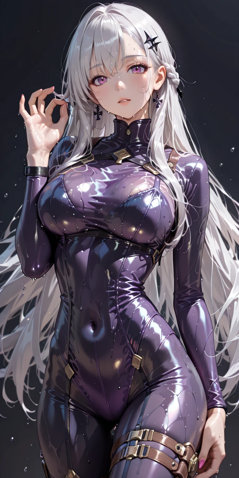 Highest quality, masterpiece, Realistic, Beautiful, sexy, cool and tall, slim, a healthy woman, Wearing a flashy silver-pink sequined dress, Complex and highly detailed, Cleavage, Long silver hair, Body Chain, jewelry.