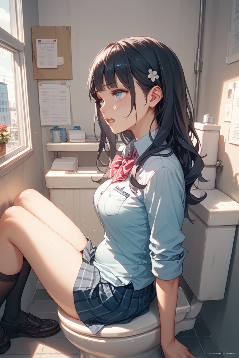 A girl who sits down, takes off her panties and skirt, and poops