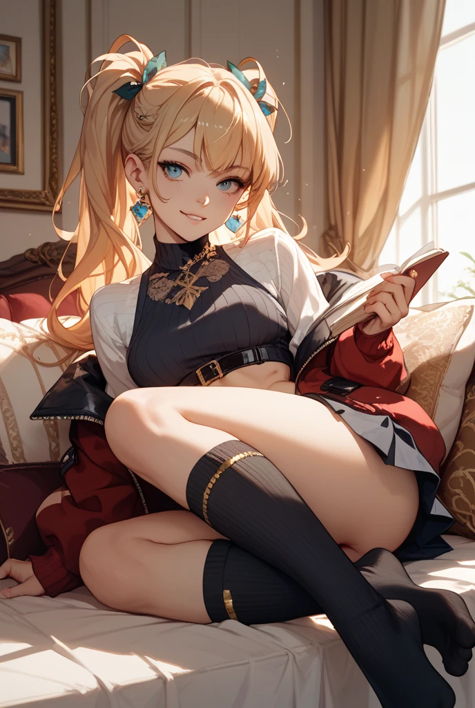 masutepiece, Best Quality,Sleeping on my back on the bed,Crab crotch,show your boots,thigh high boots,globe,Strange thieves,Elegant, 1girl in, well-muscled,Cute, blushed, Looking at Viewer, frombelow,a miniskirt, jail,Blue eyes, Beautiful eyes, Beautiful background, light Particle, Sun rays, Dramatic Lighting, Outside, shiny, Realistic, masutepiece, Best Quality, Ultra-detailed, Detailed, Scenery, Beautiful detailed eyes, detailed hairs