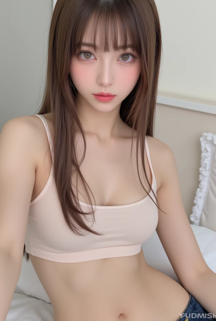 (masterpiece:1.3), (8k, Realistic, RAW Photos, Best image quality: 1.4), (Random Hairstyles:1.2)、(Highly detailed face)、Attention to detail、double eyelid、(Dark Eyes),(Sharp focus:1.2)、((whole body:1.5)),One Woman、Beautiful woman:1. 4,20-year-old woman、smile,Woman with a perfect body,Beautiful Abs,Chest-length hair、Highest quality、masterpiece、Ultra-high resolution、(Realistic:1.4)、super high quality、Symmetrical face、The face is very realistic、Photo level、8k最高画質はフル、Sebaceous reflex、The face is very realistic、Extremely realistic skin、Realistic light and shadow effects、(Pure and elegant girl),Professional Lighting、Swayback,Beautiful thighs,Sexy pose,((Underarm)),(See-through camisole),(Sit on the bed),((panties,))