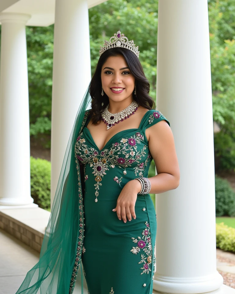"Create an ultra-realistic image of a modern, attractive female influencer of Indian descent, aged between 27 to 30. She should have a warm and inviting smile, expressive almond-shaped eyes with a slight shimmer, and clear, glowing skin with a medium brown complexion. Her features should be well-defined, with high cheekbones and a sharp jawline. Her hair is long, thick, and styled in a braided crown, colored in a deep, reddish-purple hue that’s bold yet sophisticated. She has a slender yet athletic build, with a noticeably larger chest featuring gigantic, plump breasts (plump: 1.3), reflecting a glamorous and voluptuous figure.
She is wearing a regal emerald green silk gown with a deep V-neck, heavy beadwork, and an elegant train that adds a queen-like presence. The gown should exude sophistication and elegance, fitting her confident and regal persona. Her look is complemented by subtle yet chic jewelry, including small hoop earrings and a few thin bangles.
The background is an expansive vineyard with rolling hills and scenic views, providing a tranquil and picturesque backdrop that enhances the overall regal and serene ambiance of the scene. The overall appearance of the scene should capture the essence of a contemporary Indian fashion influencer who embodies confidence, sophistication, and a touch of royal elegance."