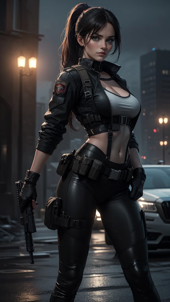 A highly detailed photorealistic portrait of a woman, wearing a SWAT vest, holding a gun, with jewelry, erect nipples, in front of an armored vehicle, high resolution, masterpiece, cinematic lighting, dramatic pose, hyper realistic, 8k, physically-based rendering, sharp focus, looking at the viewer 