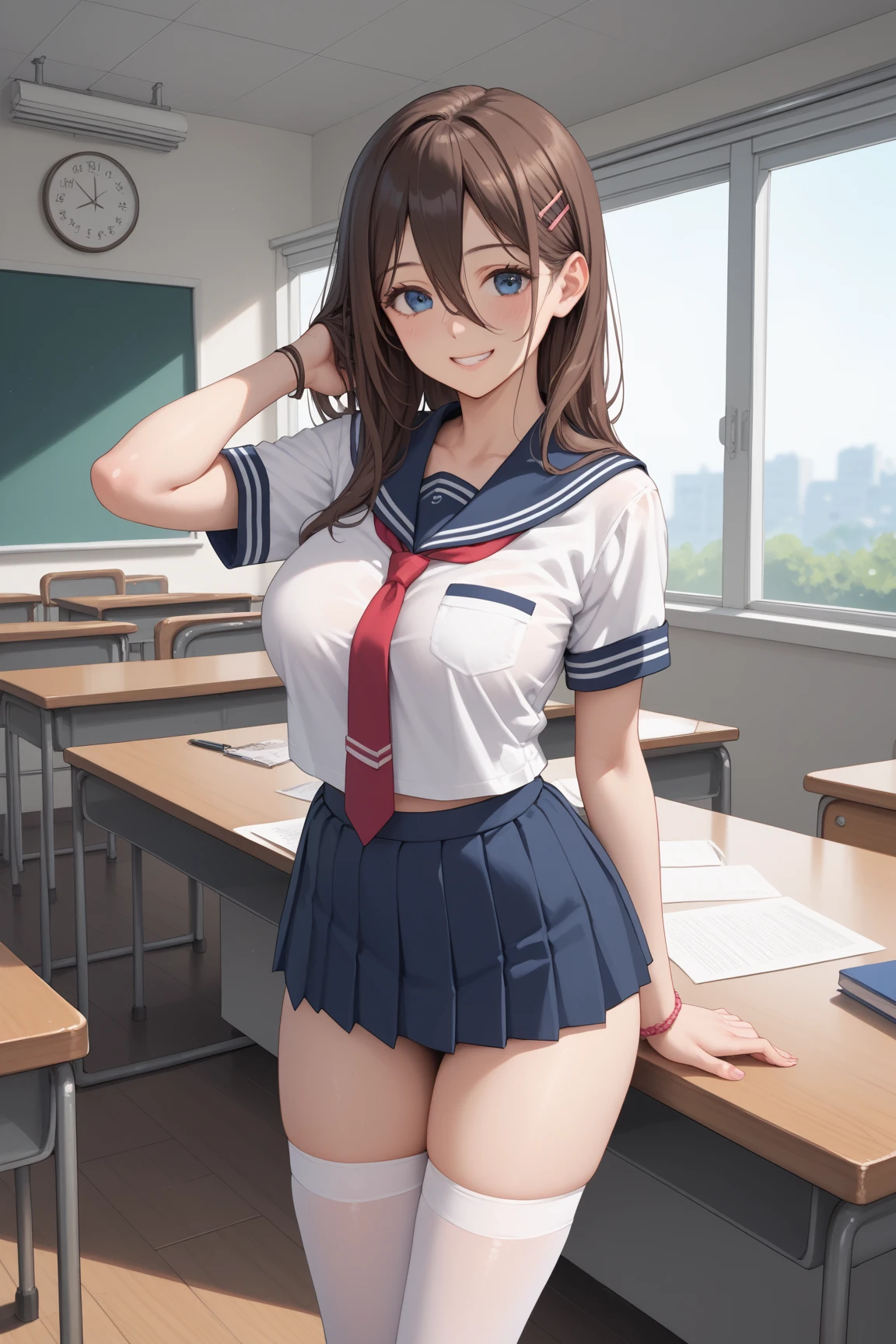 ((best quality)), ((masterpiece)), (detailed), (((perfect face))), ((slender 18yo topless teen girl)), (((girl wearing dark blue pleated skirt))), ((medium breasts)), ((brunette, brown hair)), ((blue eyes)), ((ponytail)), ((((topless)))), ((shy:1.3)), ((blushing:1.5)), ((skinny thighs)), ((skinny hips)), (((girl looking away))), (((upper class room, filing cabinet, window)))