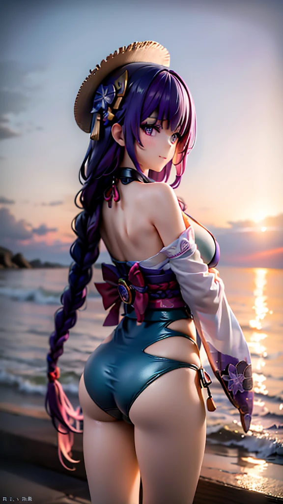 masterpiece, best quality, ultra detailed, highres, ((yelan \(genshin impact\))) ,against backlight at dusk, dusk, ,sea, on the beach,1girl, short hair, medium breasts, arms behind head, body facing the camera, <lora:yelanLoraCollectionOf_yelanHard:0.2>,breasts out, mature, mature female, blurred background